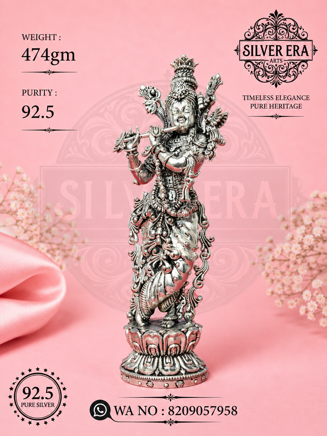 92.5 Silver Lord Krishna Idol – Handcrafted Antique Finish (474 gm)