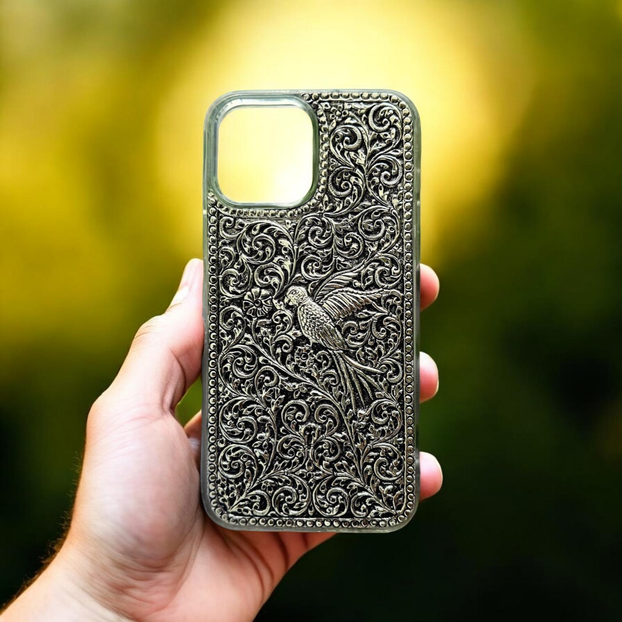 92.5 Silver Handcrafted Mobile Cover – Antique Bird Design